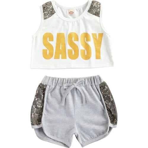 Citgeett Summer Kids Baby Girls Clothes Set Letter Print Sleeveless Vest +Short Pants Sequins Clothes