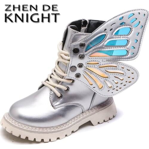 Childrens Martin Boots Girls Silver Princess Single Boots 2021 Spring and Autumn New Girls Wings Fashion Colorful Short Boots