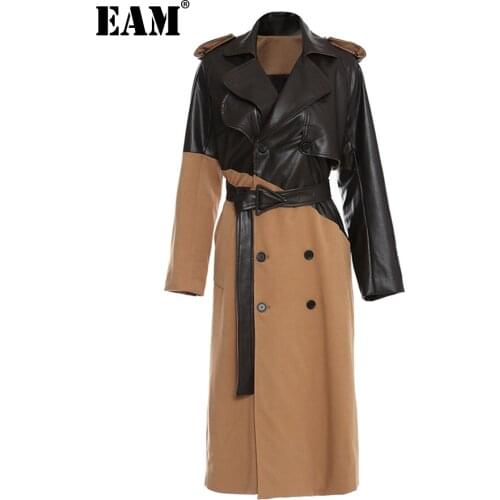 [EAM] Women Khaki Pu Leather Big Size Long Trench New Lapel Long Sleeve Loose Fit Windbreaker Fashion Spring Autumn 2021 1DD0024
