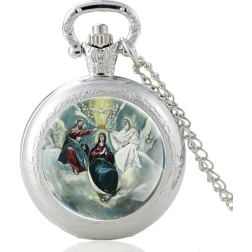 Silver Color Classic Coronation of the Virgin Design Vintage Quartz Pocket Watch Men Women Pendant Necklace Hours Clock Gifts