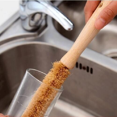 Coconut Palm Cup Brush Wooden Long Handle Bottle Kitchen Wash Cup Tweezers Glass Decontamination Helper Cleaning Brush