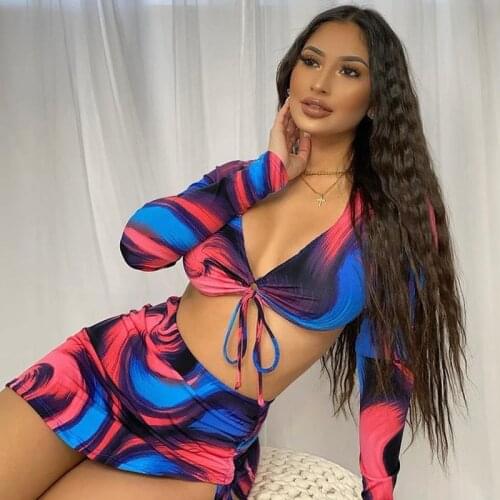 Adogirl Tie Dye Print Summer Two Piece Outfits Women 2021 Long Sleeve Crop Top And Stacked Skirt Matching Set Casual Streetwear