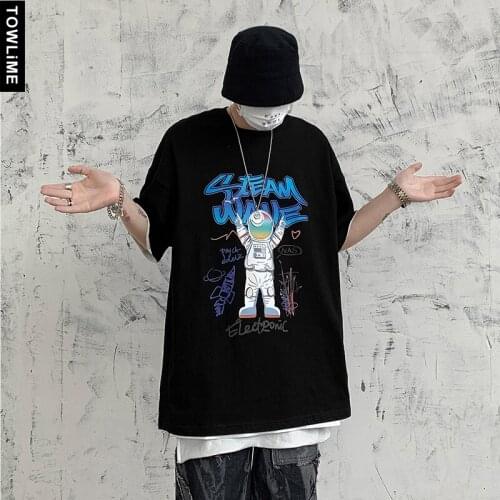 Men Summer Cartoon Astronaut Print Short Sleeve T shirts 2021 Man Harajuku Casual Tops Couple Japanese Streetwear Cotton Tees