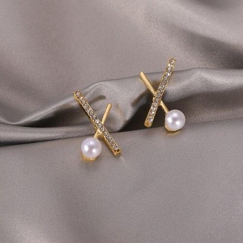 S925 Needle Korean Fashion Commuter Base Cross Geometric Pearl Stud Versatile Needle Stud Earring
