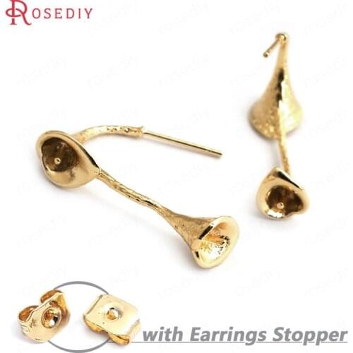 F100)6 pieces Double Flower 28x8mm 24K Gold Color Brass Calla Lily Stud Earrings High Quality Accessories Findings