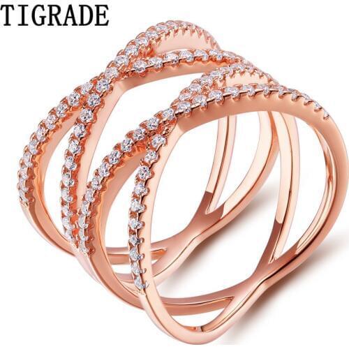 TIGRADE 925 Sterling Silver Ring Women Rose Gold Inlay Cubic Zirconia Double X Shape Cross Rings For Female Cocktail Party Ring