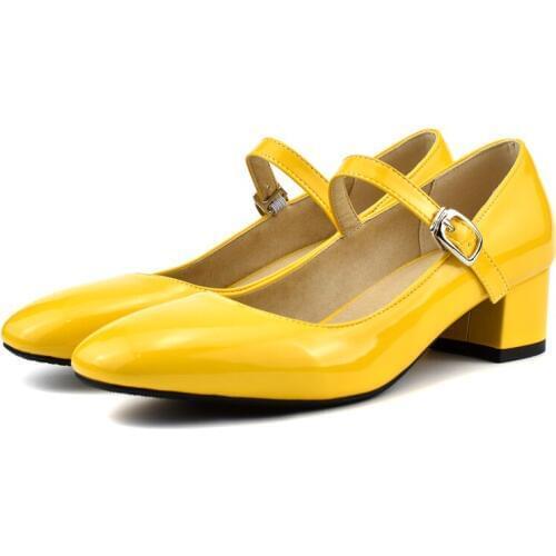 Mary Jane Shoes for Women Medium Heels Pumps Block Heel Shoes Woman Round Toe Patent Leather Dress Office Ladies Shoes Yellow
