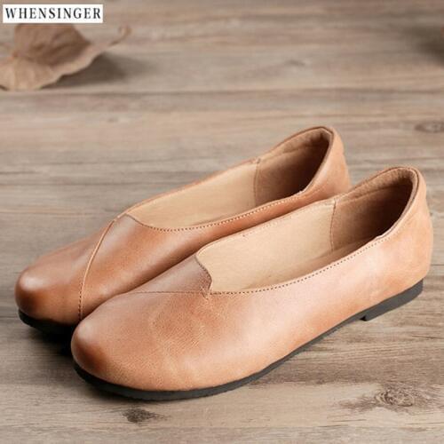 Whensinger - Vintage Elegant Fashion Women Flat Shoes loafers Genuine Leather Casual Shallow mouth Flats Shoe
