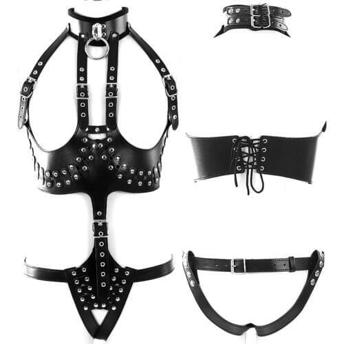 Metal Rivet Leather Set Harness Bra Women Punk Gothic Strap Cage Body Corset Adjustable Pcrotchless Panties Party Rave Wear