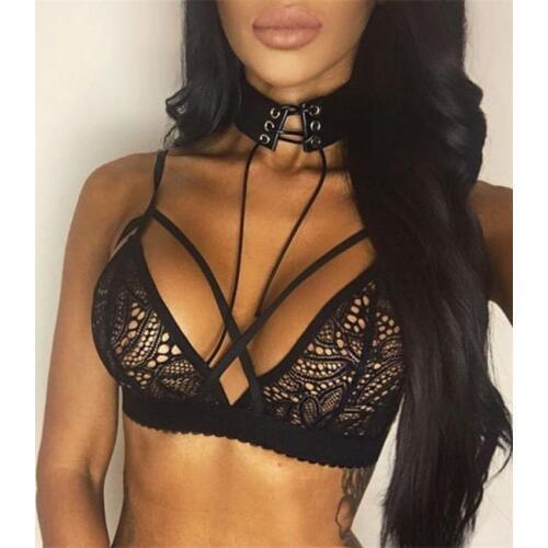 Women Sexy Crossing Bandage Crop Tops Floral Sheer Lace Bra Top Seamless Black Bralette Wireless bustier Tank Top Camis