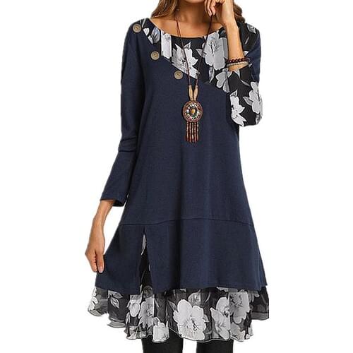 2021 Fashion Womens Dress O Neck Long Sleeve Floral Print Patchwork Buttons Loose Mini A Line Dress Womens Winter Dress