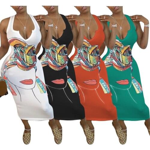 Women Sexy Tank Maxi Dress Fashion Character Printed Long Sundress Sleevelsess V Neck Streetwear Summer Outfit Plus Size S-4XL