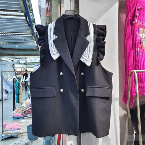 2021 early autumn new suit collar waistcoat for women Korean contrast color ruffled ladies mid-length vest sleeveless jacket