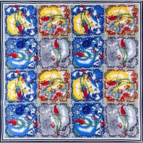 130cm Twill Silk Scarf War Horse Print Square Scarf Women Bandana Shawl Luxury Brand Foulard Scarves Wraps For Ladies Echarpe