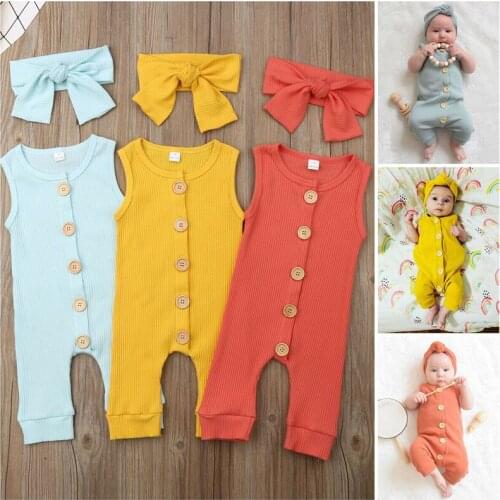 Casual Newborn Baby Girl Boy Solid Outfits Unisex Baby Clothing Sets Cotton Sleeveless Button Jumpsuit+Bow Headband 2Pcs 0-18M