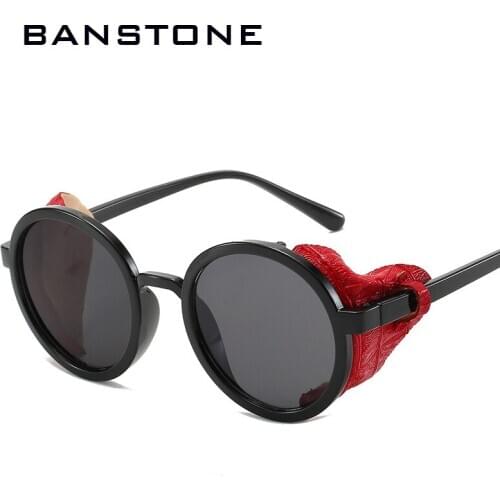 BANSTONE Brand Round Steampunk Sunglasses Men Women Vintage Punk Sun glasses UV400 PU Leather Eyewear Shades Gafas de sol