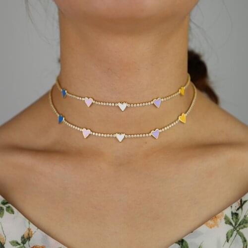 Shiny color enamel heart choker chain in necklace blue pink white purple yellow women beach style wedding charm necklace jewelry