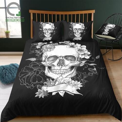 BOMCOM 3D Digital Printing Duvet cover set Sugar Skull Flower Black and White King Size Skull Bedding Set 100% Microfiber