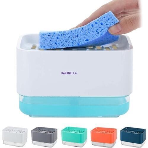 Multiful Soap Pump Dispenser Box Kitchen Dish Liquid Soap Press Box with Sponge Holder Home Cleaner Container 330ML