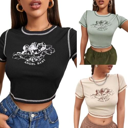 Womens Little Angel Print T-Shirts, Short Sleeve Round Neck Contrast Stitch Crop Tops 2021 New Fashion