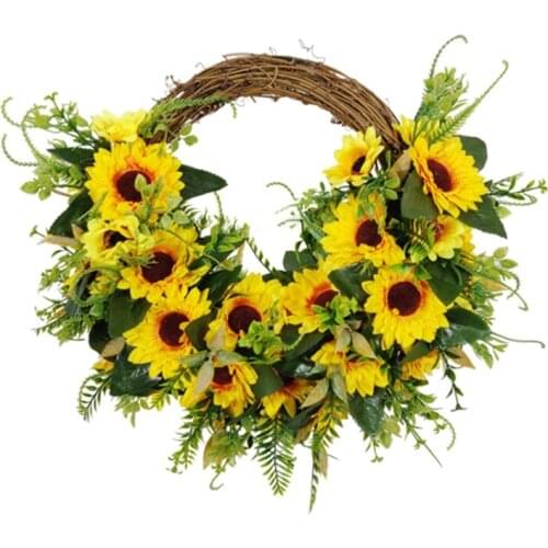Artificial Sunflower Wreath with Green Leaves for Front Door Wall Window Wedding Party Farmhouse Garden Home Decor