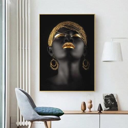 Gold Color Art Canvas Print Painting African Lady Black Skin Women Modern Living Room Wall Picture Home Decoration Poster