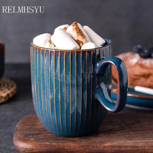 1PC RELMHSYU Ceramic Blue Series Mug Large Capacity Coffee Water Cup Drinkware
