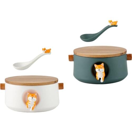 Creativity Ceramic Ramen Bowl with Lid Shiba Inu Reliefs Ceramic Spoon Wooden Handle Student Office Room Essentials Accessory