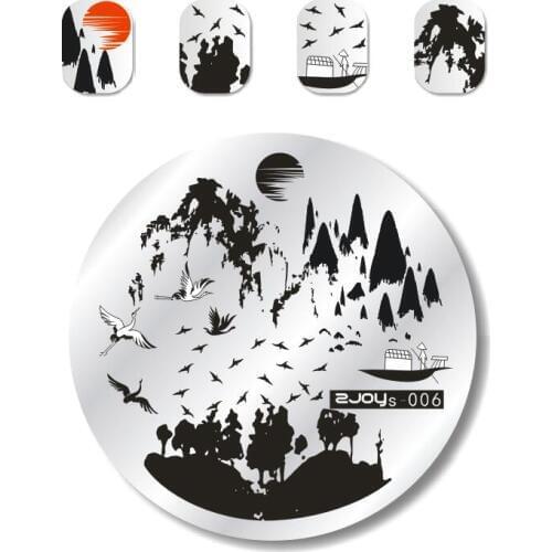 Round Nail Art Stamp Stamping Plates Template Animals Butterfly Flower Mountain Rainy Weather Design Image Plate Set 5.5cm