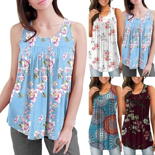 Summer Blouse Pleated Off Shoulder Summer Women Printing Round Neck Shirt for Daily Life Sleeveless Pleated Lady Shirt
