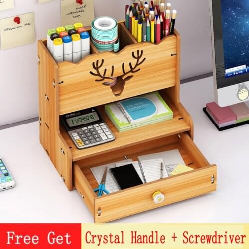 Multifunctional Stationery Organiser Desktop Pen Holder With Drawer Desk Organizer Files Container Wooden DIY Assemble Office