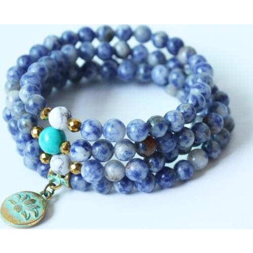 Fashion Yoga Jewelry Natural Sodalite 108 Mala Beads With Lotus Necklace Strands Elastic Bracelet For Women