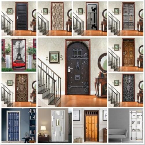 Wooden Gate Metal Door Art Poster 3D Visual Door Stickers Vinyl Waterproof Peel&Stick Wallpaper Bedroom Corridor Artificial Door