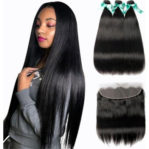 Raw Indin Straight Hair Weave 3 Bundles With 13*4 Frontal Closure Lace Frontal With Human Hair Extension Hair Bundles remy Hair