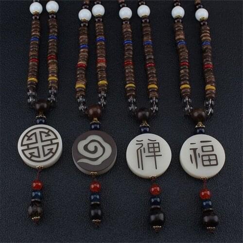New Resin Zen Fu Buddhist Prayer Wood Beads Necklace Boho Nepal Long Sweater Chain Vintage Tibetan Pendant Ethnic Necklace Women
