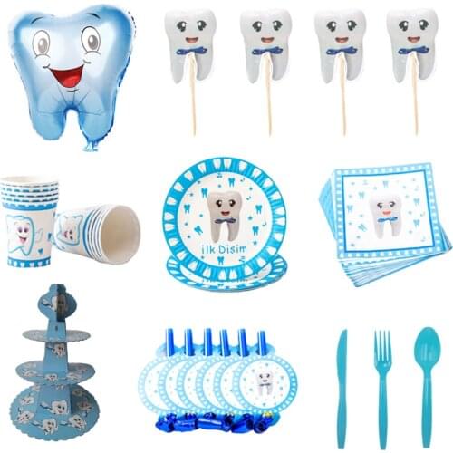 Disposable Blue Tooth Pattern Tableware Tablecloth Straw Insert Flag Childrens Birthday Party Decoration Supplies Toy Balloon