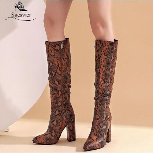 Sgesvier Snake Print High Heel Knee High Boots Women Shoes Faux Leather Long Boots Pointed Toe Zipper Autumn Winter Female Boots
