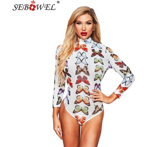 SEBOWEL Sexy Mesh Transparent Woman Bodysuit Turtleneck Bodycon Long Sleeve Body Suits Female Clothing Butterfly Print Body Tops