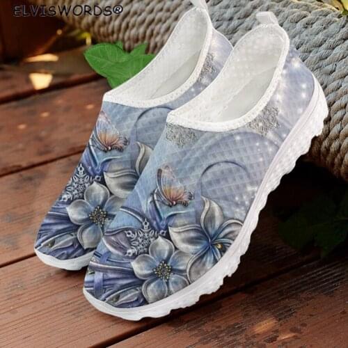 ELVISWORDS Stylish Flowers Vector Printed Ladies Comfortable Flats Shoes Leisure Womens Air Mesh Sneakers zapatos mujer 2021