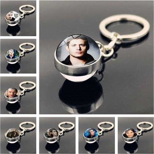 Supernatural Dean Keychain Double Side Glass Ball Pendant Key Chain Metal Key Ring Holder for Men Women TV Drama Fans Souvenir