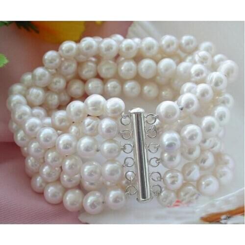Unique Pearls jewellery Store 6row 8mm White Round Freshwater Cultured Pearl Bracelet Charming Women Jewelry Gift