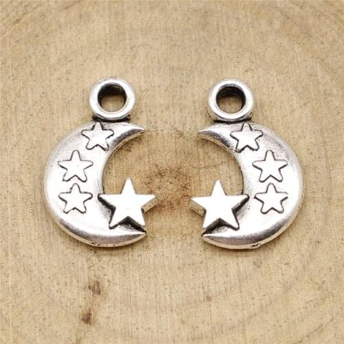 WYSIWYG 10pcs 21x14x3mm 2 Colors Antique Silver Color Antique Bronze Plated Moon And Stars Pendant Crescent Moon Stars Charm
