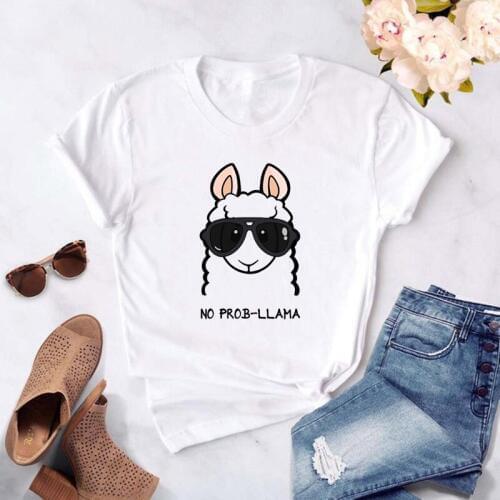 New Summer Tshirt Women No Prob Llama T-Shirt Cartoon Head Print Short Sleeve White Casual Tops Ladies T Shirts Plus Size S-XXL