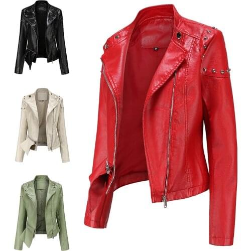 2021 New Turn-down Collar Rivet Leather Jacket Women Spring and Autumn PU Coat Irregular Hem Moto & Biker Outwear