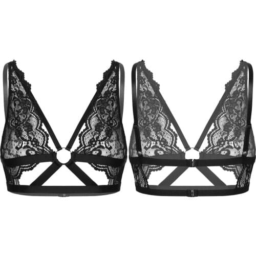 Womens Sissy Bras Open Cup Hole Sissy See-through Floral Lace Strappy Bra Tops Hollow Out Exotic Lingerie Brassiere Underwear