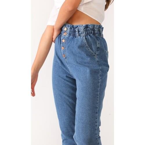Women, Jeans, Comfortable, High Waist, Buttoned, Elastic Waist, Blue, Full Length, Solid Color, Cotton Denim Trousers, 2021