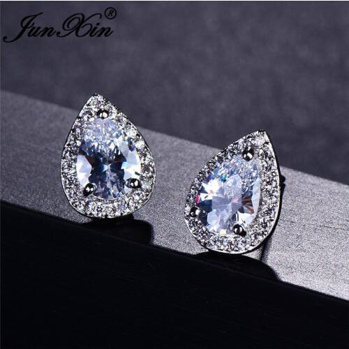 JUNXIN Pear Cut Multicolor Stone Teardrop Stud Earrings For Women Zircon Silver Color Blue Fire Opal Earrings Gift