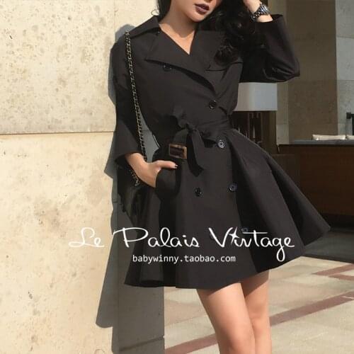 35- vintage 50s women double breasted belted swing trench coat in black rockabilly pinup coats plus size elegant overcoat