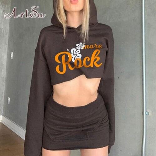 ArtSu Brown Crop Hoodies Y2K Clothes Sexy Long Sleeve Top Hoody Streetwear Winter Blue Pullovers Women Hoodie Hooded Sweatshirts