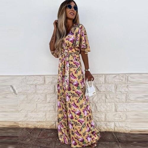 Women Casual Puff Short Sleeve V-Neck Ladies Jumpsuit Summer Elegant Floral Printed Loose Rompers Fashion Lace-Up Wide Leg Pants